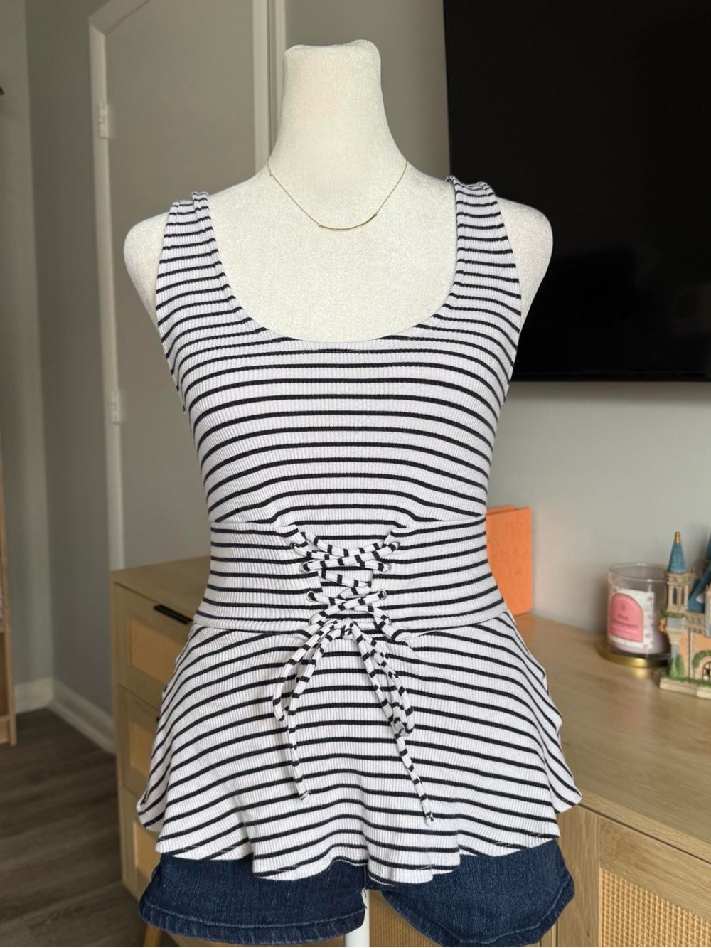 express one eleven black and white striped peplum tank top